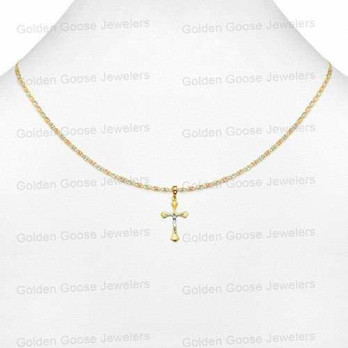Ciondolo croce crocifisso unisex vero oro bianco o giallo 14 carati catena Valentino