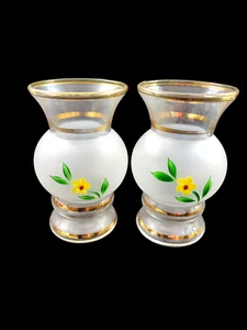 Set/2 Vintage Bartlett Collins Posey Vase satiniertes Glas Goldrand handbemalt floral - Bild 1 von 12