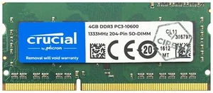 Micron Crucial 4GB DDR3 PC3-10600 1333MHz 204 Pin 1.5V Non-ECC SO-DIMM RAM - Zdjęcie 1 z 4