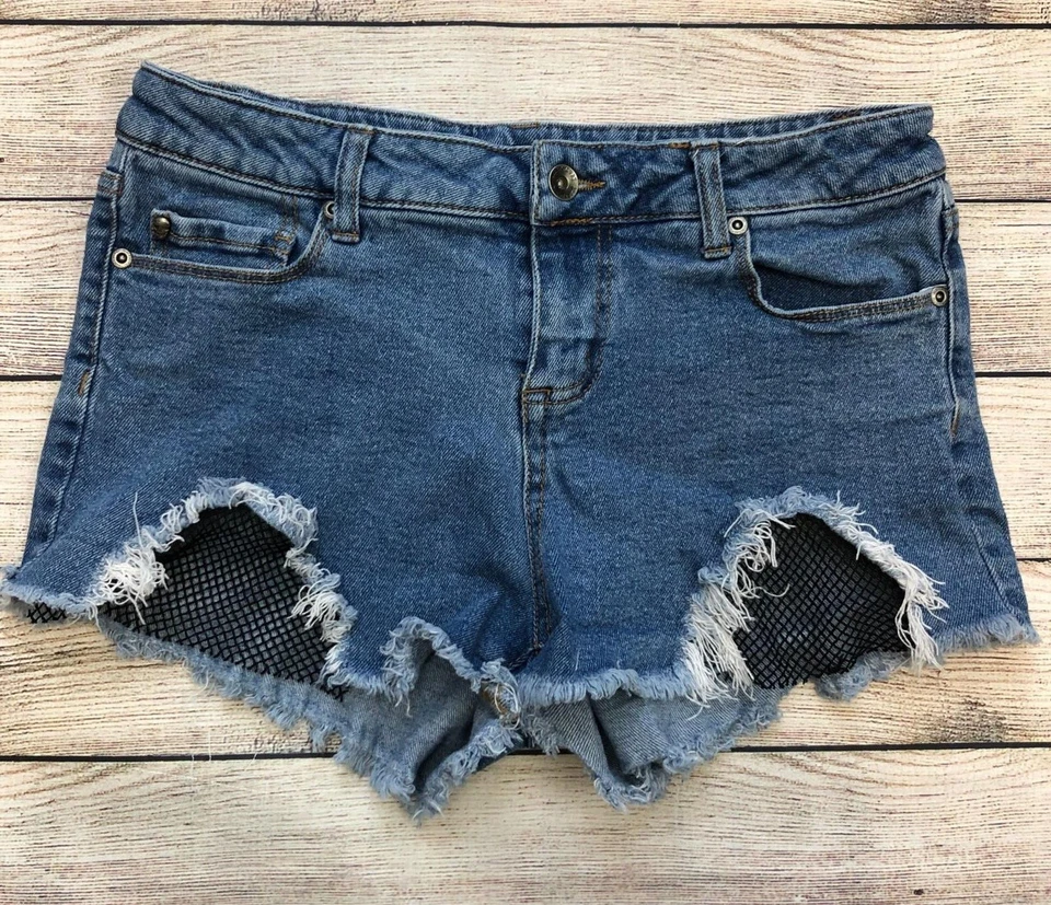 Pantalones Cortos Vaqueros Negros Corazón Talla 9 Malla Destruida Desgastada Piernas de Red E43 Foto 1 de 4