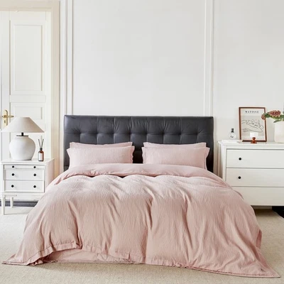 Pink Jacquard Duvet Cover Queen 100% Cotton 3 Pcs Set 1 Luxury Textured Strip... - Image 1 of 4