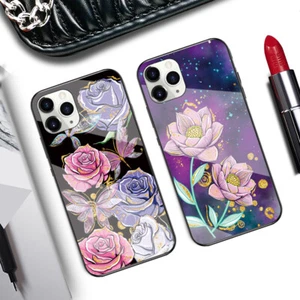 For iPhone OnePlus Infinix Tempered Glass Luxury Flower Case Cover Women Girls - Picture 1 of 17