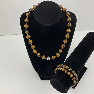 Genuino Ojo de Tigre Conjunto de Collar y 2 Brazaletes Redondos Pulidos Tono Plata Foto 1 de 4