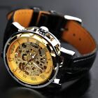 Luxury Men's Skeleton Leather Steampunk Mechanical Wrist Watch Gold
