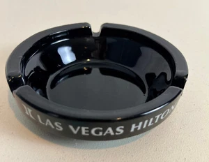 Vintage 1970s LAS VEGAS HILTON Casino Hotel Nevada Black Glass Ash Tray Ashtray - Picture 1 of 4