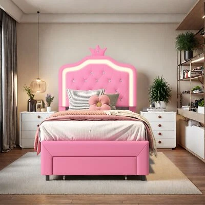 90x200cm Kinderbett Jugendbett Polsterbett Stauraumbett Bettgestell mit LED Rosa - Bild 1 von 4
