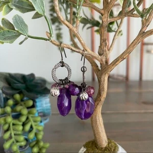Beaded Cluster Statement Dangle Drop Earrings Purple and Pewter - Picture 1 of 4