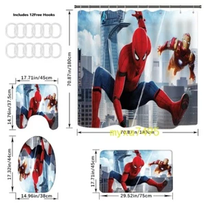 Spider-Man Bathroom Rug Marvel 4PCS New Toilet Lid Cover Mat Shower Curtain Gift - Picture 1 of 3