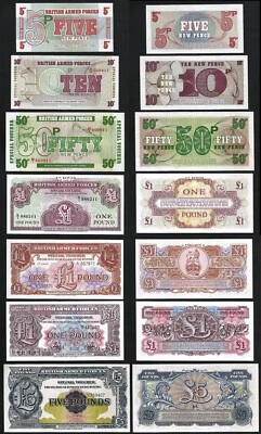 Great Britain Armed Force 7 PCS UNC Set, 5 10 50 Pence 1 5 Pounds 1948 1972, WMK - Image 1 of 4