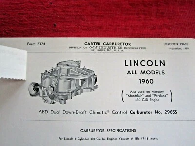 Lincoln 1960, Mercury Montclair y Parklane Abd Carter carburador hoja de información de especificaciones Foto 1 de 2