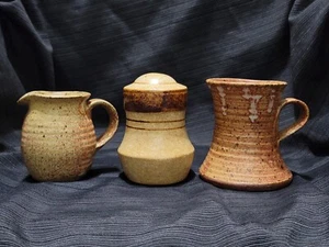 Vintage Studio Art Pottery Brown/Rust Colored Mug, Salt Shaker, Creamer Pitcher - Picture 1 of 14