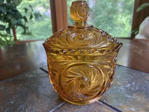 Vintage Kemple Amber Cut Glass Lidded Candy Dish Compote HOBSTAR AND FAN - Picture 1 of 9