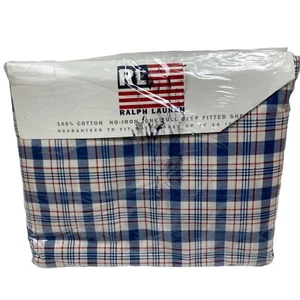 Vintage NOS RL Ralph Lauren Oakley Red Blue Plaid Full Flat Sheet NIP New Linen - Picture 1 of 7