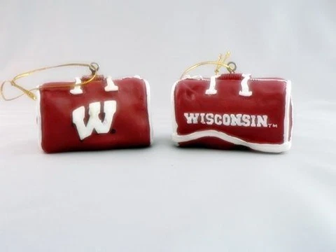 WISCONSIN BADGERS 2 FOOTBALL BASKETBALL HOCKEY BAG CHRISTMAS ORNAMENT NEW Cover