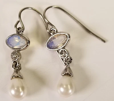 Faux Pearl Teardrop Dangle Earrings Mini Rhinestone Silver Tone Metal - Image 1 of 4