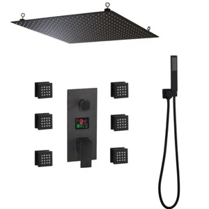 Black 20" Shower Head Digital Mixer Valve Massage Jet Hand Shower Faucet Tap Set - Picture 1 of 12