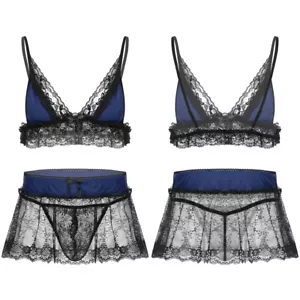 Männer Sissy Spitze Lingerie Set BH mit Mini Rock und String Slip Reizwäsche - Bild 1 von 72
