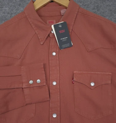 NUEVO Levi's Para Hombres Barstow Clásico Para Hombres L Western Denim Perla Snap Bloom Rojo Nuevo con Etiquetas Foto 1 de 4