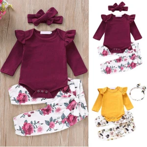 Newborn Baby Girls Romper Tracksuits Romper Pants Headband 3PCS Clothes Set - Picture 1 of 10