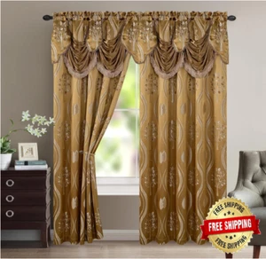 Cortinas Para Sala De Estar Elegantes Con Cenefas 54X84 Modernas Oro 2 Paneles - Picture 1 of 7