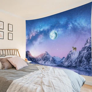 Tapiz estrellado Wild Wolf Snow Mountain luna llena para dormitorio sala dormitorio - Imagen 1 de 15