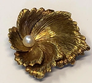 Broche Hojas Oro Amarillo 585/14K con Perla (S2-7-84 - Imagen 1 de 3