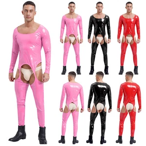 Mens Overalls Sexy Bodysuit Patent Leather Jumpsuit Skinny Romper Faux Catsuit - Picture 1 of 41