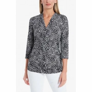 NWT Vince Camuto Women's S Black White Animal Print V Neck 3/4 Sleeve Top - Picture 1 of 5