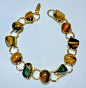 Carved Oval Cabochon Pebble Tigers Eye Gold tone Tennis Link 8" Bracelet - Picture 1 of 5
