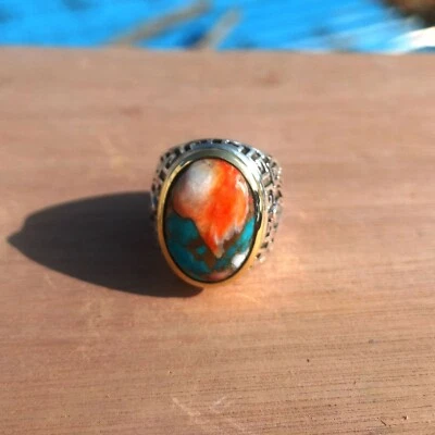 Anillos otomanos hechos a mano con sello de plata 925 turquesa ostra natural para hombre M193 Foto 1 de 3