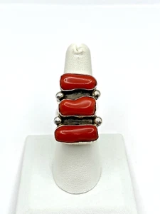 Anillo de plata esterlina con rama de coral calibre pesado tamaño 7 ajustable Navajo R. Yellowhorse - Imagen 1 de 15