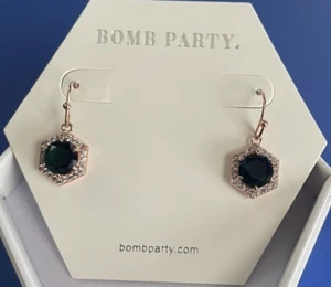 Ring Bomb Party Earrings Green/Clear Stones Rose Gold Plated (READ DESCRIPTION) - Picture 1 of 3