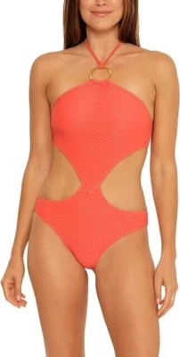 全新带标签 - Trina Turk 'Empire' 高领连体泳衣,木瓜金属色 - 14 码 — 第 1/3 张图片