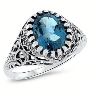GENUINE 2.20 Ct LONDON BLUE TOPAZ 925 STERLING SILVER VICTORIAN STYLE RING  #723 - Picture 1 of 4