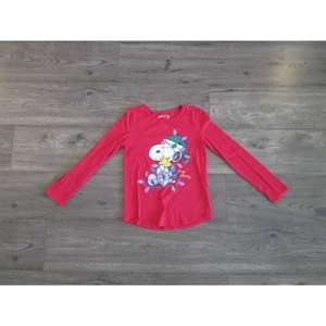Red Snoopy & Woodstock Christmas T-Shirt Long Sleeve Tee Kids Girls Size 8 Top - Picture 1 of 7