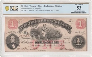 1862 RICHMOND VIRGINIA $1 Confederate Civil War VA-17 Banknote Currency, PCGS 53 - Picture 1 of 7