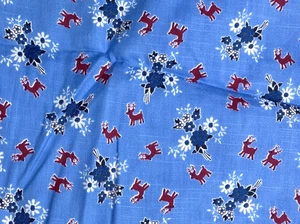 Vintage fabric remnant 1940's 1950's light blue with red deer and flowers cotton - Picture 1 of 5
