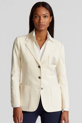 Ralph Lauren Crest Wool Blazer Off White logo emblem front pocket Preppy Size 14 - Image 1 of 4