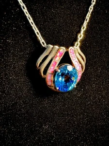 Vintage Unikat Sterling Silber 925 Blau & Rosa Inlay Halskette - Bild 1 von 6