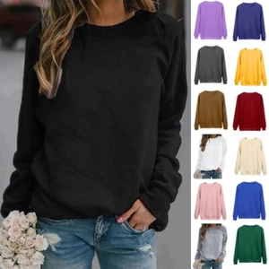 Womens Sweatshirt Long Sleeve Plain Tops Ladies Casual Warm Winter Pullover - Picture 1 of 28