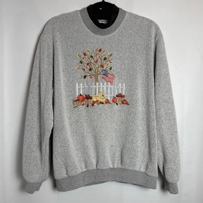 Sudadera Para Mujer Vintage Gris Bordada Perro Árbol Bandera Americana Otoño Otoño L Foto 1 de 4