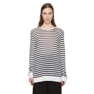 T Alexander Wang Black Cream Stripe Linen Blend Long Sleeve Tee Womens Medium - Picture 1 of 12