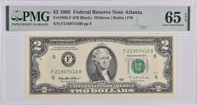 PMG Gem Unc 65 EPQ $2 1995 Atlanta, GA US Federal Reserve Note Fr#1936-F *1803 - Image 1 of 3