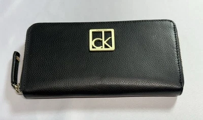 Cartera/cartera de mano larga Calvin Klein de cuero de grano completo con cremallera negra nueva con etiquetas Foto 1 de 4