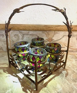 Vintage iron twigs, leaves stand w Elements 4 multicolor glass votive holders - Picture 1 of 14