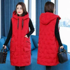 Women Down Cotton Hooded Insulated Long Gilet Outwea Tops Winter Sleeveless Vest - Picture 1 of 7