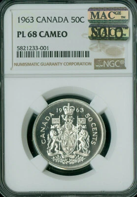 1963 CANADA SILVER 50 CENTS NGC PL68 CAMEO PQ MAC SOLO FINEST GRADE SPOTLESS . - Image 1 of 2