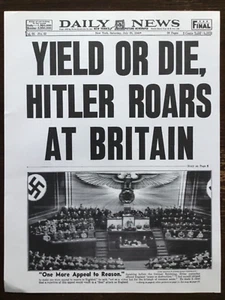 PERIÓDICO/PÓSTER DE LA SEGUNDA GUERRA MUNDIAL 1940 1 PÁGINA (2 CARAS) "RENDIMIENTO O MUERTE, HITLER RUGE EN GRAN Bretaña" - Imagen 1 de 19