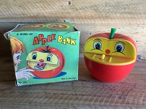 RED APPLE WITH WORM WIND UP MONEY BOX - VINTAGE SAVINGS MONEY BANK ORIGINAL BOX - Picture 1 of 10