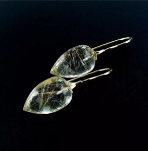Golden Rutile Earrings 925 Sterling Silver Teardrop Gold Fill Dangle Earrings - Picture 1 of 6